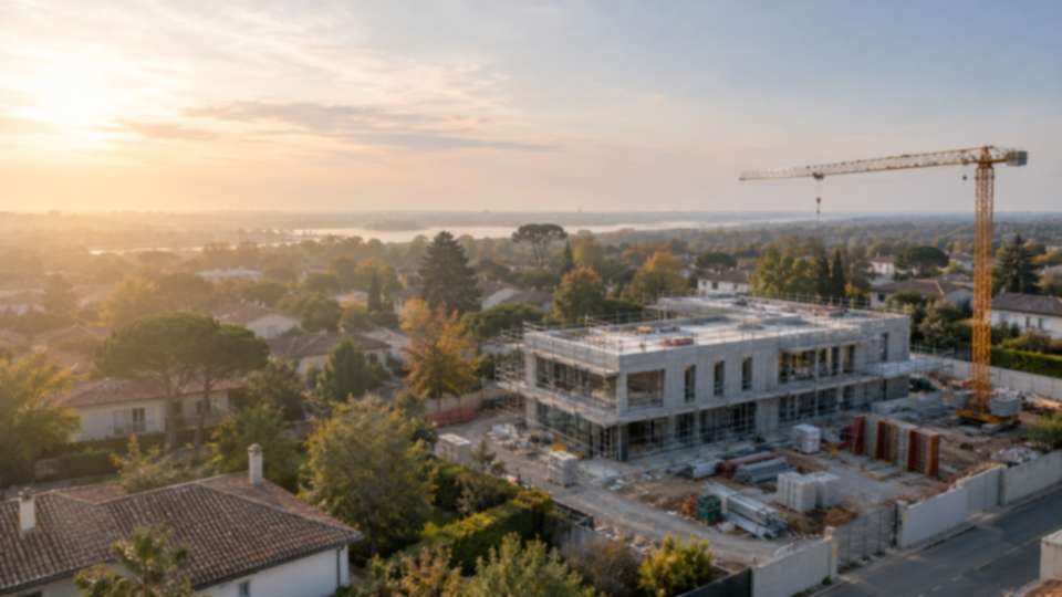 Chantier de bureaux en Gironde vu du ciel en fin de journée