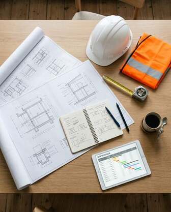 Table de réunion de chantier avec plans, planning et équipements de protection